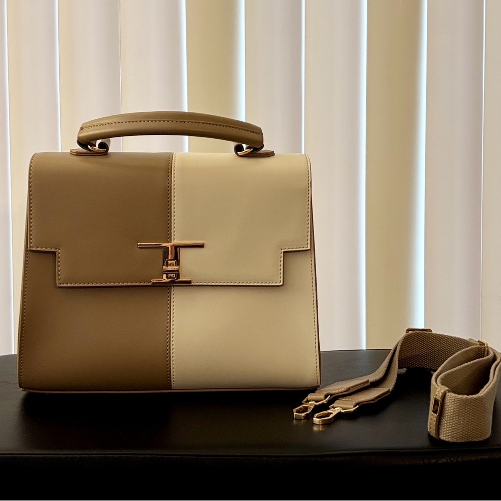 Trina Turk Taupe & Off White Top Handle Satchel Handbag with Detachable Strap